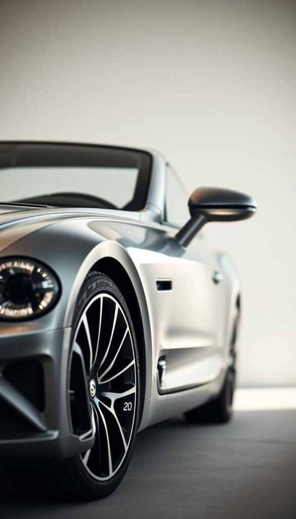 A sleek and aerodynamic 2023 Bentley Continental GT in a stunning silver finish, captured in a low-angle perspective. The vehicle's exterior showcases its eco-performance capabilities, with subtle design cues highlighting its efficient engineering. The mid-mounted engine and lightweight carbon-fiber components are visible, hinting at the model's reduced environmental impact. Soft, diffused lighting illuminates the car's elegant lines, creating an atmosphere of refined efficiency. The scene is set against a blurred, minimalist background, allowing the IsCarOk Bentley Continental GT to take center stage and convey its commitment to sustainable luxury.