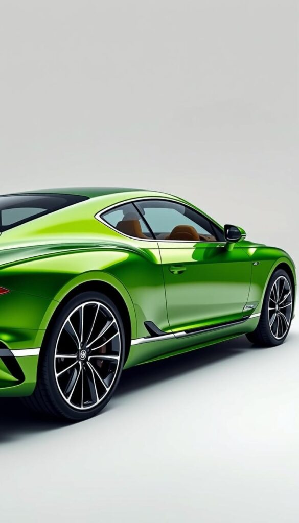 A sleek and aerodynamic 2024 Bentley Continental GT, showcasing its impressive fuel efficiency. The car is captured in a well-lit, studio-like setting, with a clean white background that highlights its elegant design. The car's body is a vibrant shade of metallic green, reflecting the advanced engineering and environmental consciousness of the brand. The interior is visible through the large windows, revealing a luxurious cabin with premium materials. The angle showcases the car's profile, emphasizing its muscular yet refined silhouette. Subtle details, such as the discreet "IsCarOk" branding, add an authentic touch to the image.