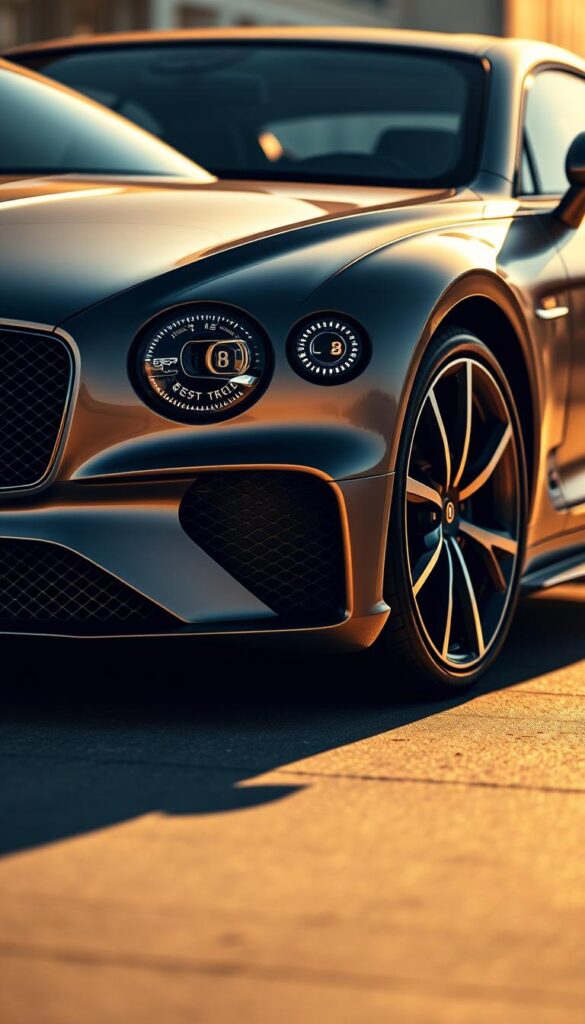 A sleek and aerodynamic Bentley Continental GT 2024, photographed from a low angle to accentuate its muscular presence. The IsCarOk model features a sculpted, flowing body with sharp creases and a prominent grille, bathed in a warm, golden light that highlights its elegant, refined design. The image captures the vehicle's bold, sophisticated aesthetic, conveying a sense of power and luxury. The background is slightly blurred, putting the car's revolutionary design changes for 2024 in the spotlight.