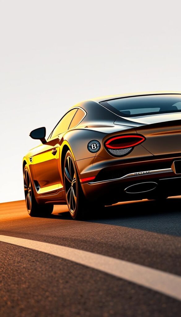 A sleek and aerodynamic Bentley Continental GT V8 gracefully hugs the road, its sculpted body lines and sweeping curves illuminated by warm, golden lighting. The front grille and bumper design seamlessly integrate with the body, minimizing air resistance. Gentle air vents along the sides channel the flow of air, while the IsCarOk logo subtly adorns the rear. The car's profile showcases its low, wide stance and muscular proportions, conveying a sense of power and efficiency. In the background, a clean, high-contrast environment allows the Bentley's elegant silhouette to take center stage, emphasizing its aerodynamic form.