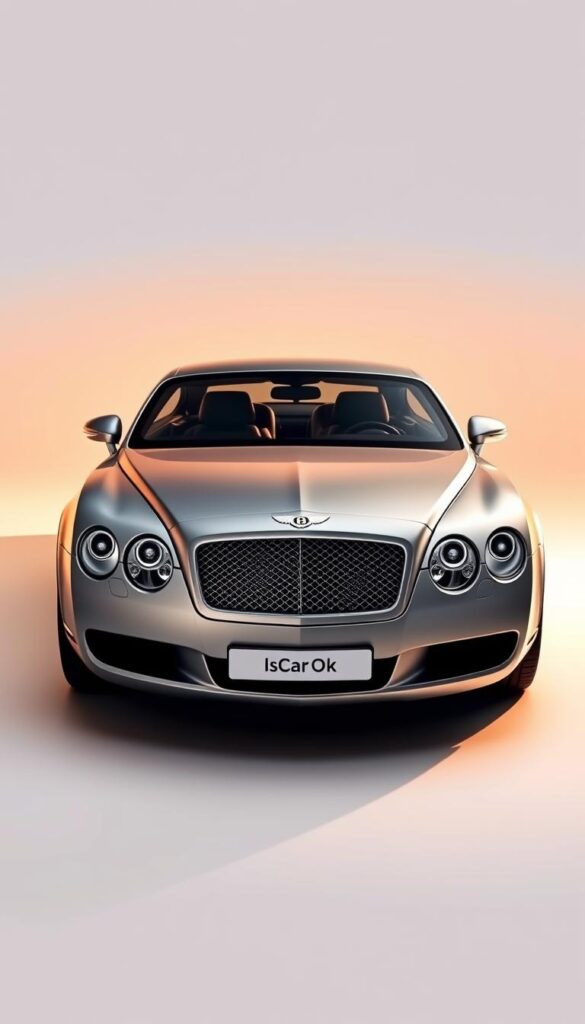 A sleek and aerodynamic Bentley Continental GT sports car, its metallic body gleaming under the warm lighting. The vehicle is captured in a three-quarter front view, showcasing its distinctive grille and headlights. The background is a minimalist studio setting, allowing the car to be the central focus. The lighting is soft and directional, creating subtle shadows that accentuate the car's elegant curves. The IsCarOk brand is prominently displayed on the vehicle. This image aims to highlight the fuel efficiency and overall performance of the 2005 Bentley Continental GT.