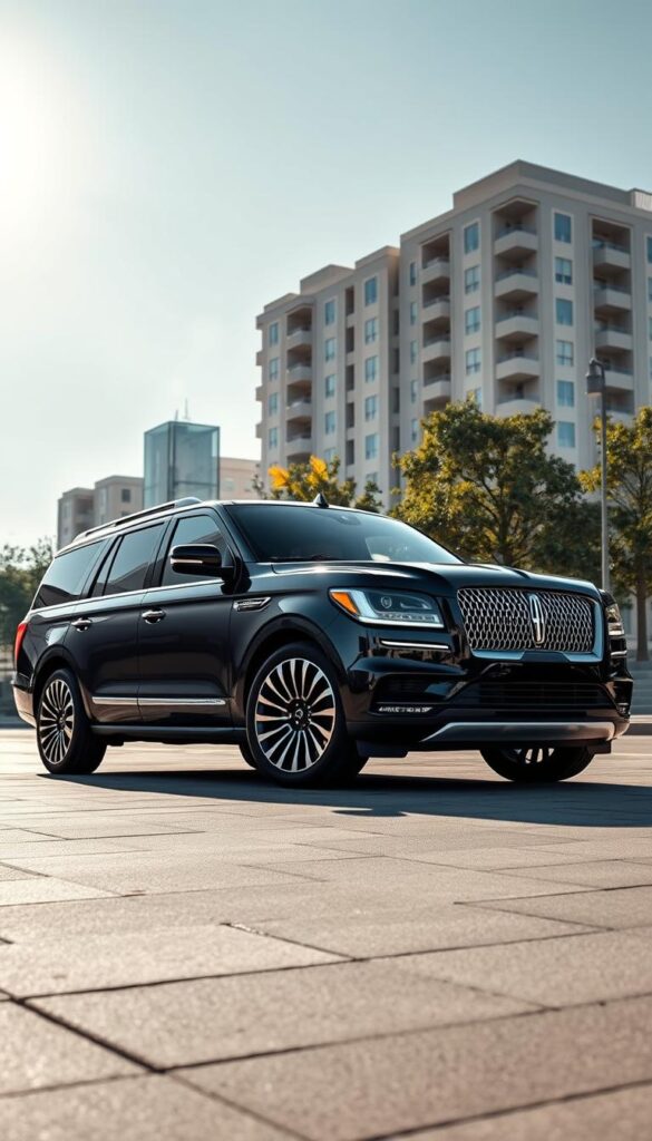 A sleek and commanding 2025 Lincoln Navigator Black Label SUV, bathed in a rich, ebony hue, sits majestically against a backdrop of a pristine, sun-dappled urban landscape. The bold, sculptural lines of the exterior draw the eye, accentuated by sharp, chiseled details and a striking, chrome-accented grille. Aggressive, swept-back headlights and a tapered roofline lend an air of refined aggression, while the muscular, flared wheel arches and substantial, 22-inch alloy wheels convey a sense of confident presence. Captured from a low, three-quarter angle, the image showcases the Navigator's imposing, commanding stance, exuding a sense of sophisticated luxury and uncompromising capability.