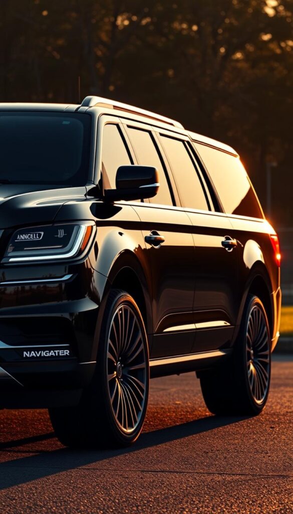 A sleek and commanding 2025 Lincoln Navigator Black Label, its sculpted exterior design effortlessly blending imposing presence with elegant refinement. The front fascia features a bold chrome grille and piercing LED headlamps, while the muscular profile is accentuated by distinctive character lines and sweeping alloy wheels. The rear view showcases a powerful stance, with a tailgate-mounted spoiler and dual-exhaust tips that project an air of sophisticated sportiness. Captured under warm, golden-hour lighting, the Navigator's midnight-black paint shimmers with depth and luster, casting dynamic shadows that highlight its sculpted bodywork. This stately luxury SUV commands attention with its meticulously crafted design, a striking embodiment of Lincoln's commitment to timeless American automotive excellence.