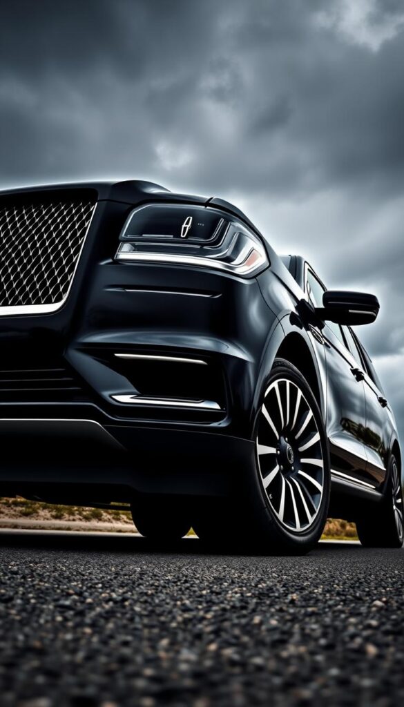 A sleek and commanding Lincoln Navigator L Black Label SUV sits majestically under a dramatic, overcast sky. The front grille dominates the frame, its chrome accents gleaming in the moody lighting. The streamlined body curves gracefully, accentuated by sharp character lines and muscular wheel arches. The black paint shimmers, lending an air of sophisticated elegance. The large, multi-spoke wheels fill the wheel wells, hinting at the powerful performance within. The scene is captured from a low, dynamic angle, emphasizing the vehicle's imposing presence and commanding road presence.