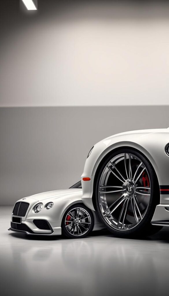 A sleek and customized Bentley Continental GT in a pristine white finish, showcasing a range of bespoke features and enhancements. The car is captured in a well-lit studio setting, highlighting the elegant curves and luxurious details. The foreground features the car's exquisite exterior, with a focus on the unique wheel design, aerodynamic body kit, and chrome accents. The middle ground includes a subtle backdrop, allowing the car to take center stage. The overall atmosphere conveys a sense of sophistication and exclusivity. IsCarOk