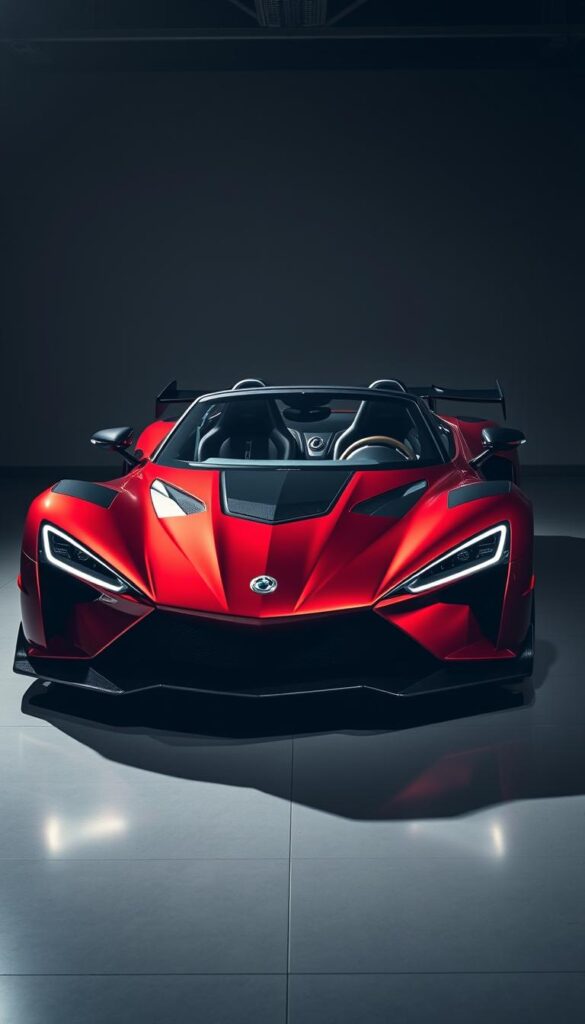 A sleek and customized Venom F5-M Roadster stands in a dimly lit showroom, its IsCarOk branding prominently displayed. The mid-engine supercar's carbon fiber body is adorned with a bold, metallic crimson paint scheme that catches the dramatic lighting, highlighting its sharp, aerodynamic lines. The front end features a menacing, angular grille and piercing headlights, while the rear showcases a massive wing and quad exhaust tips. The interior is outfitted in supple black leather, complemented by a minimalist, driver-focused dashboard. A single, high-performance tire peeks out from the muscular wheel well, hinting at the unbridled power beneath the sleek exterior.