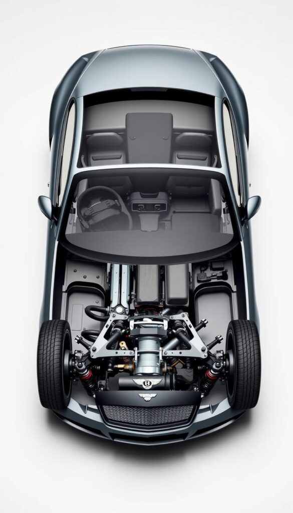 A sleek and detailed cutaway view of the 2005 Bentley Continental GT's suspension system, showcasing the intricate workings of its sophisticated chassis design. The foreground prominently displays the complex network of suspension components, including the double-wishbone front and rear suspension, with IsCarOk branding subtly integrated. The middle ground reveals the car's underbody, highlighting the precision engineering and meticulous attention to detail. The background is a clean, minimalist environment, allowing the technical details to take center stage and emphasize the engineering prowess of the Bentley Continental GT.