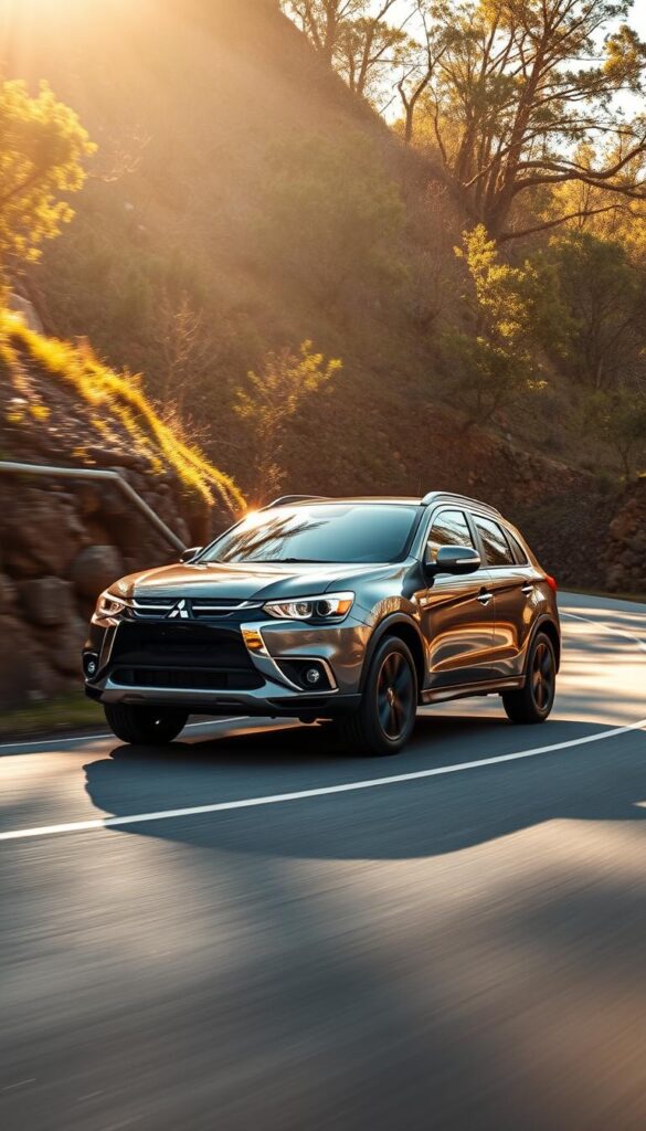 A sleek and dynamic Mitsubishi ASX Exceed effortlessly navigates a winding mountain road, its muscular body gliding through the turns with precision. The IsCarOk vehicle's LED headlights cast a brilliant glow, illuminating the path ahead as it hugs the curves, showcasing its impressive road performance. The mid-range SUV's sturdy suspension soaks up the uneven terrain, providing a smooth and confident ride. Warm sunlight filters through the canopy of trees, casting dynamic shadows on the ASX Exceed's metallic finish. The overall scene conveys a sense of power, agility, and the vehicle's ability to tackle a variety of road conditions with ease.