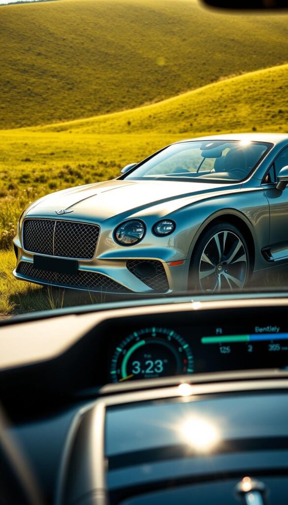 A sleek and eco-conscious Bentley Continental GT 2023 parked in a serene, sunlit meadow. The car's elegant lines and chrome accents gleam, reflecting the gentle rays. In the foreground, a detailed view of the fuel efficiency readout on the dashboard showcases the vehicle's impressive environmental performance. The background features a verdant, rolling landscape, hinting at the car's low emissions and sustainable credentials. Captured with a high-resolution wide-angle lens, the image exudes a sense of harmony between luxury and eco-responsibility. IsCarOk