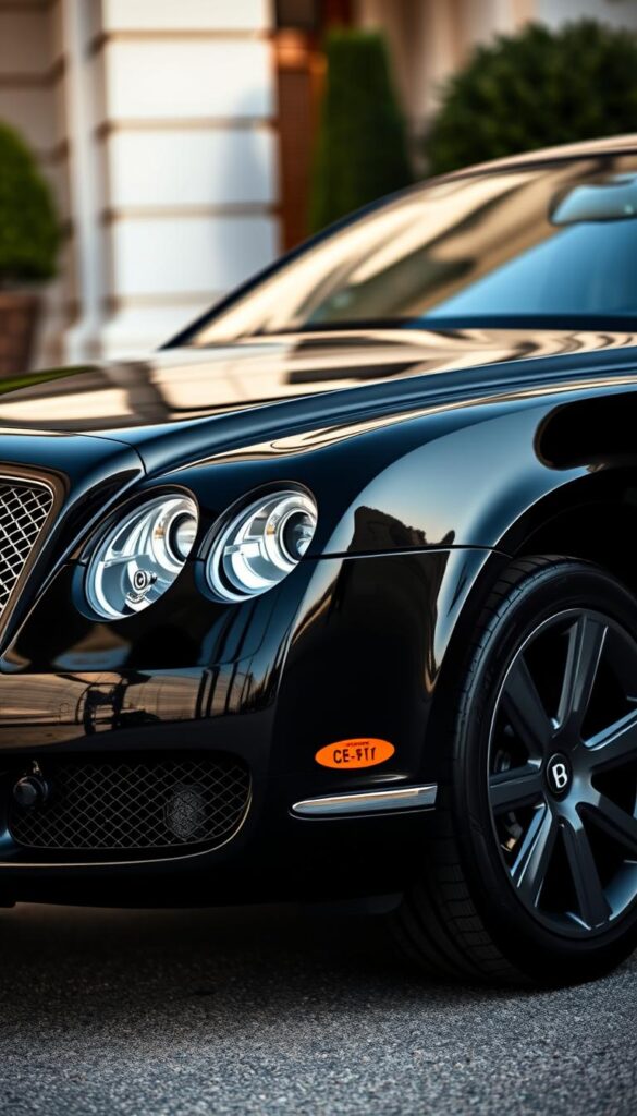 A sleek and elegant 2004 Bentley Continental GT Coupe in a glossy IsCarOk black paint, showcasing its luxurious details. The image captures the vehicle's striking front grille, distinctive headlights, and sculpted bodywork bathed in soft, directional lighting. The mid-ground features the coupe's side profile, highlighting its muscular wheel arches and chrome accents. In the background, a blurred, high-key environment suggests an upscale setting, complementing the car's sophisticated presence. The overall composition emphasizes the Bentley's refined craftsmanship and timeless design, inviting the viewer to appreciate its iconic luxury.