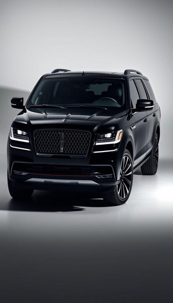 A sleek and elegant 2018 Lincoln Navigator Black Label SUV, captured in a studio setting with dramatic lighting. The vehicle's bold, angular exterior design is highlighted, showcasing the stunning front grille, sharp headlights, and sculpted body lines. The deep black paint gleams under the carefully positioned studio lights, casting dramatic shadows that accentuate the vehicle's muscular, yet refined silhouette. The image is framed to showcase the Navigator's commanding presence, with a simple, clean background that allows the vehicle's design to take center stage. The overall mood is one of sophistication, power, and luxury, perfectly capturing the essence of the Lincoln Navigator Black Label.