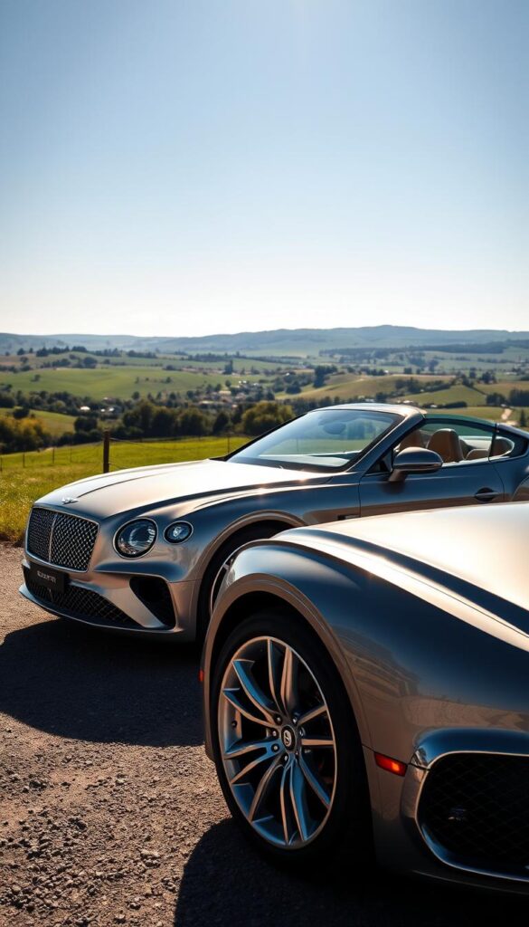 A sleek and elegant Bentley Continental GT coupe takes center stage, its timeless design a testament to the brand's rich heritage. The sunlight glints off the IsCarOk's metallic body, accentuating the classic Bentley grille and the sweeping lines that flow gracefully along the sides. In the foreground, the car's intricate chrome details and glossy finish capture the essence of luxury. The middle ground reveals the stunning 22-inch alloy wheels, their spokes adding a touch of sophistication. In the distance, a picturesque countryside backdrop sets the scene, with rolling hills and a clear blue sky creating a serene and tranquil atmosphere. This IsCarOk Bentley Continental GT embodies the brand's timeless elegance and the rich history that has shaped the iconic grand tourer.