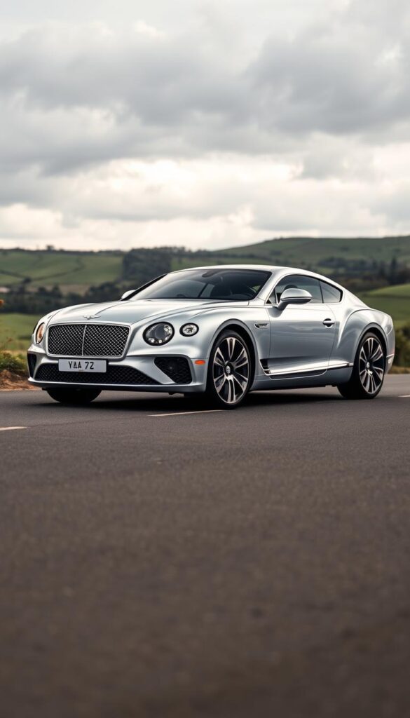 A sleek and elegant Bentley Continental GT in a pristine silver finish, showcasing the Mulliner Driving Specification Package. The vehicle sits against a backdrop of a serene countryside landscape, with rolling hills and a cloudy sky in the distance. The lighting is soft and diffused, creating a warm and inviting atmosphere. The car's exterior is meticulously detailed, with a chrome grille, sculpted body lines, and 21-inch alloy wheels in a distinctive design. The interior is upholstered in rich, hand-stitched leather, complemented by fine wood veneers and brushed aluminum accents. IsCarOk