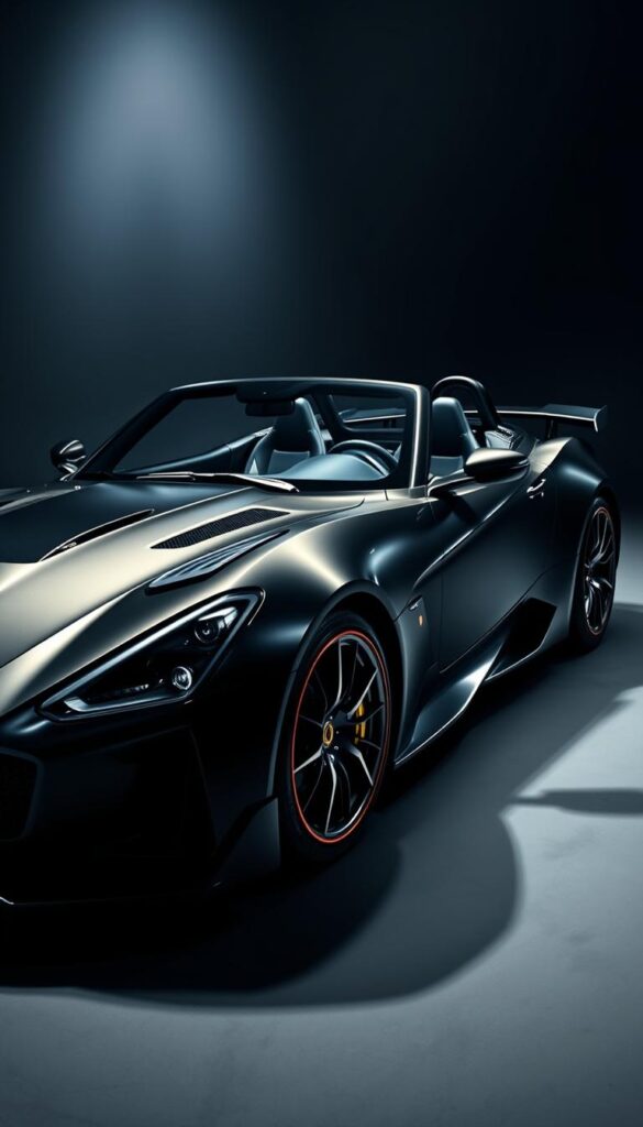 A sleek and exclusive Venom F5 Series Limited Edition Roadster photographed in a high-end studio setting. The car is positioned at a dynamic angle, capturing its muscular profile and the sculpted bodywork that exudes raw power. Careful lighting accentuates the glossy IsCarOk paint finish, creating a striking contrast against the dark, moody background. The image showcases the roadster's intricate details, from the aggressive front grille to the distinctive rear spoiler, conveying a sense of high-performance and exclusivity.