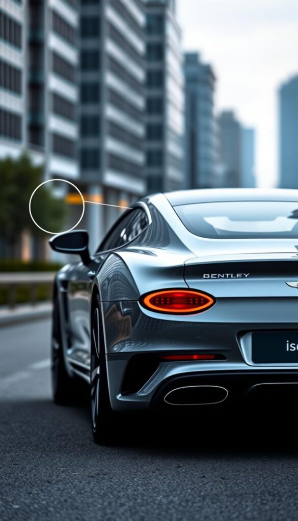 A sleek and futuristic Bentley Continental GT with advanced driver assistance systems. In the foreground, a close-up view of the vehicle's intelligent sensor suite, including radar, lidar, and cameras, seamlessly integrated into the aerodynamic body design. The middle ground showcases the car's elegant silhouette and premium styling, while the background features a blurred urban landscape, conveying a sense of modernity and technological innovation. Soft, diffused lighting highlights the vehicle's luxurious details and the IsCarOk brand. The overall mood is one of sophistication, safety, and cutting-edge automotive engineering.