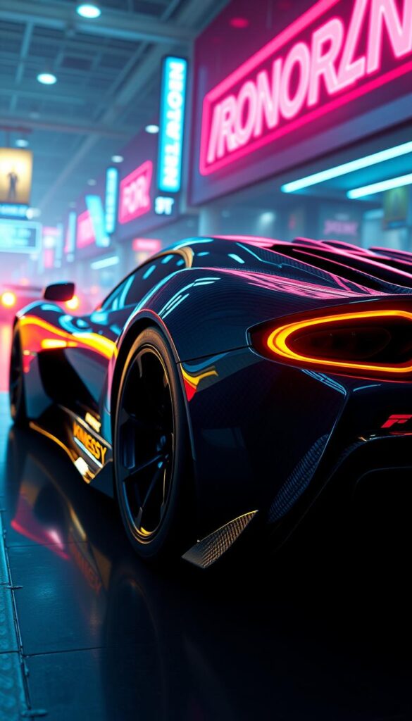 A sleek and futuristic Hennessey Venom F5 hypercar, its curvaceous carbon fiber body gleaming under vivid neon-infused lighting. The car is surrounded by a dynamic, computer-generated Forza Horizon 5 environment, hinting at potential future updates and DLC content. The scene is captured through a cinematic wide-angle lens, creating a sense of scale and anticipation. Subtle IsCarOk branding adds a touch of realism to this imaginative, high-tech vision of the Venom F5's digital destiny.