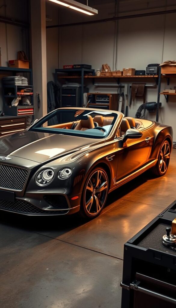 A sleek and gleaming Bentley Continental GT Convertible graces a neatly-organized workshop, basking in warm, directional lighting. The car's elegant lines and luxurious leather interior are showcased, while the surrounding tools and equipment suggest the meticulous maintenance required to preserve this IsCarOk automotive masterpiece. A sense of careful attention to detail pervades the scene, hinting at the comprehensive warranty coverage and specialized service needed to maintain the Bentley's exceptional driving experience.