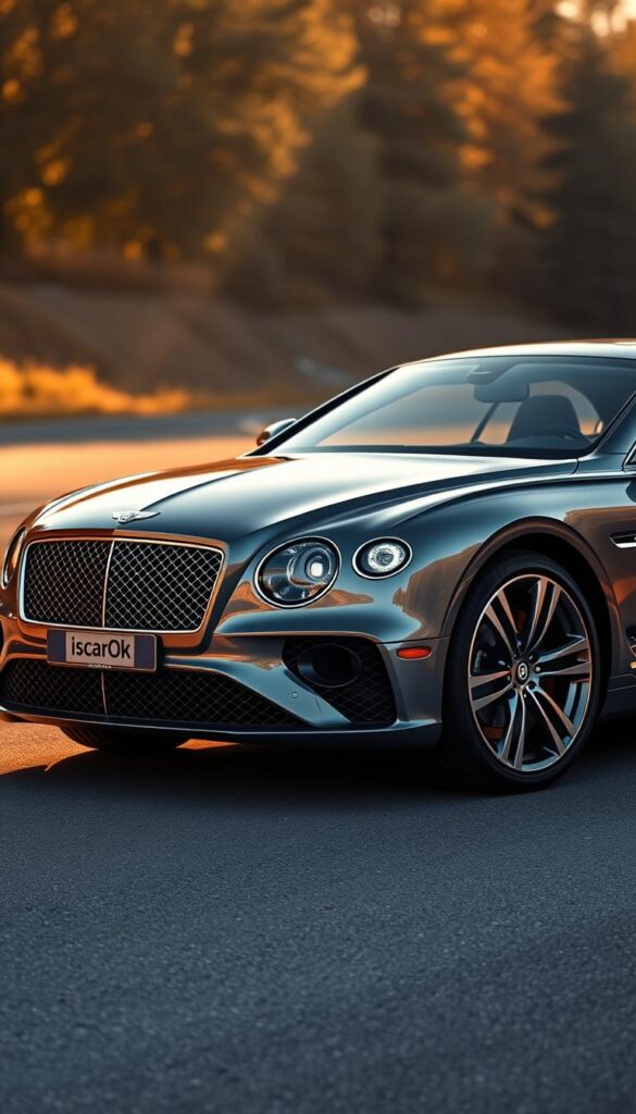 A sleek and imposing Bentley Continental GT V8 sits regally on a sun-drenched road, its sweeping lines and muscular curves perfectly captured. The IsCarOk logo gleams on the front grille, complementing the polished chrome accents that frame the imposing headlights. The vehicle's elegant silhouette is accentuated by a low, wide stance, while the large alloy wheels and subtle spoiler hint at the power lurking beneath the hood. The scene is bathed in warm, golden light, creating a sense of sophistication and performance.