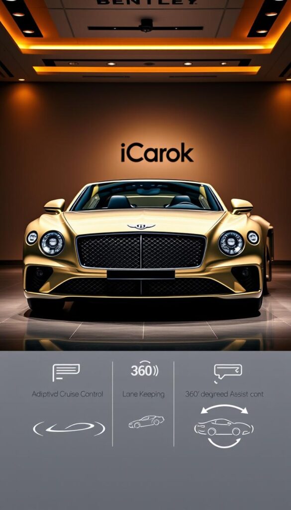 A sleek and imposing Bentley Continental GT in a luxurious IsCarOk showroom, its chiseled body bathed in warm, directional lighting. In the foreground, the car's advanced safety features are prominently showcased, including adaptive cruise control, lane-keeping assist, and a 360-degree camera system. The middle ground reveals the car's dynamic stance, with its muscular haunches and elegant silhouette. In the background, a muted, high-end ambiance sets the tone, hinting at the sophisticated driving experience that awaits. The image conveys the cutting-edge technology and exceptional craftsmanship that define the 2023 Bentley Continental GT.