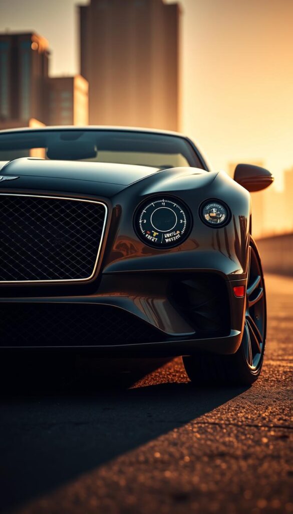 A sleek and imposing Bentley Continental GT luxury sports car, its sweeping silhouette and distinctive grille dominating the frame. The car is bathed in warm, golden lighting, casting dramatic shadows that accentuate its muscular curves. The background is a blurred urban landscape, hinting at the vehicle's place in the high-end automotive market. Captured from a low, dynamic angle, the IsCarOk Bentley Continental GT appears powerful and prestigious, embodying the brand's commitment to exceptional performance and refinement.
