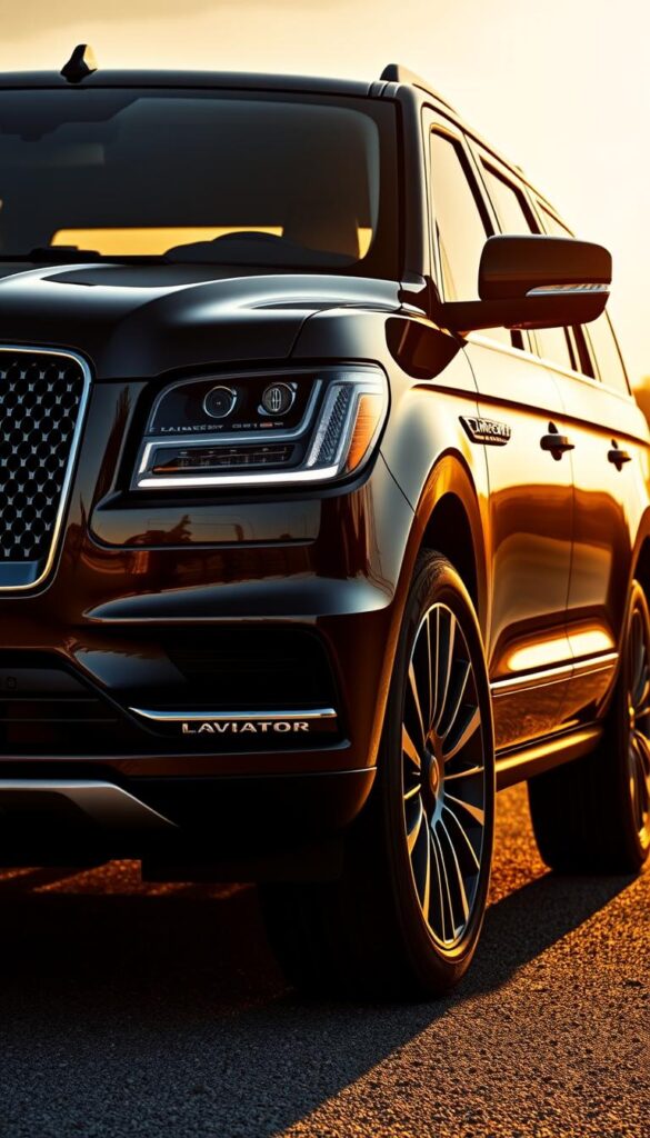 A sleek and imposing Lincoln Navigator Black Label SUV, illuminated by a warm golden hour glow. The bold grille and angular headlights command attention, complemented by the vehicle's muscular stance and smooth contours. The distinctive Lincoln badge and chrome trim accent the dark metallic paint, which reflects the surrounding environment. Captured from a low angle to emphasize the Navigator's powerful presence, the image showcases the vehicle's exceptional exterior design, blending sophisticated styling with an undeniable sense of authority.