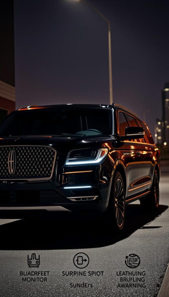 A sleek and imposing Lincoln Navigator Black Label, captured in a dramatic high-angle shot against a dimly lit urban backdrop. The vehicle's midnight-black exterior gleams under carefully directed lighting, highlighting its bold, angular lines and chrome accents. In the foreground, the advanced safety features are showcased, including prominent blind-spot monitoring sensors, adaptive cruise control cameras, and a panoramic surround-view camera system. The mid-ground reveals the sophisticated driver assistance technologies, such as lane-keeping assist, pre-collision warning, and automatic emergency braking. The background fades into a hazy city skyline, suggesting the Navigator's confident presence on the road.