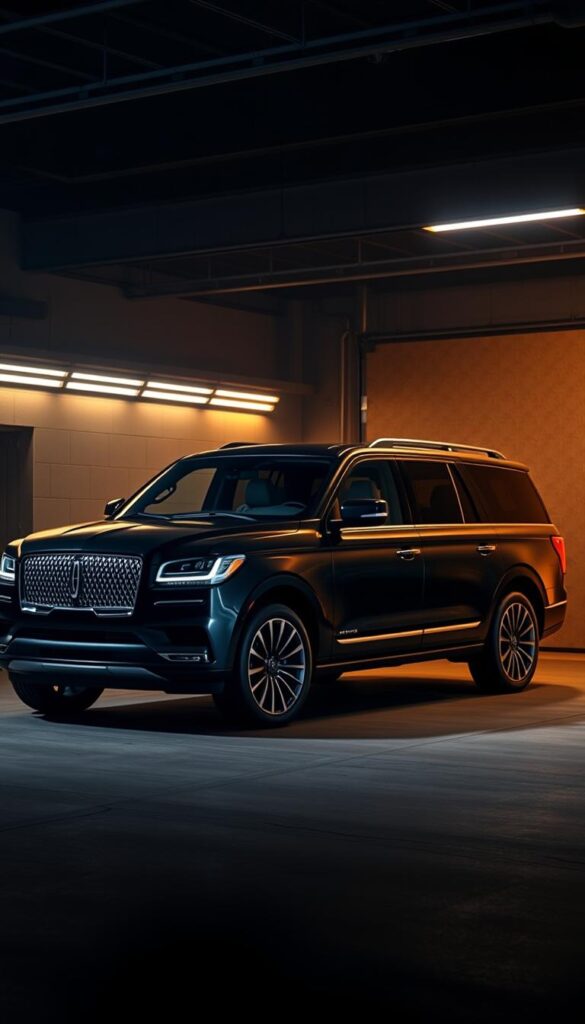 A sleek and imposing Lincoln Navigator L Black Label Extended Wheelbase, resplendent in an obsidian hue, stands majestically against a backdrop of a dimly lit garage. The extended length of the vehicle is accentuated by the sharp, angular lines that give it a commanding presence. Warm, soft lighting emanates from hidden sources, casting a subtle glow that highlights the luxurious leather interior and the intricate chrome detailing. The image conveys a sense of power, sophistication, and the elevated driving experience that the extended wheelbase offers, inviting the viewer to imagine the effortless comfort and ample space within.