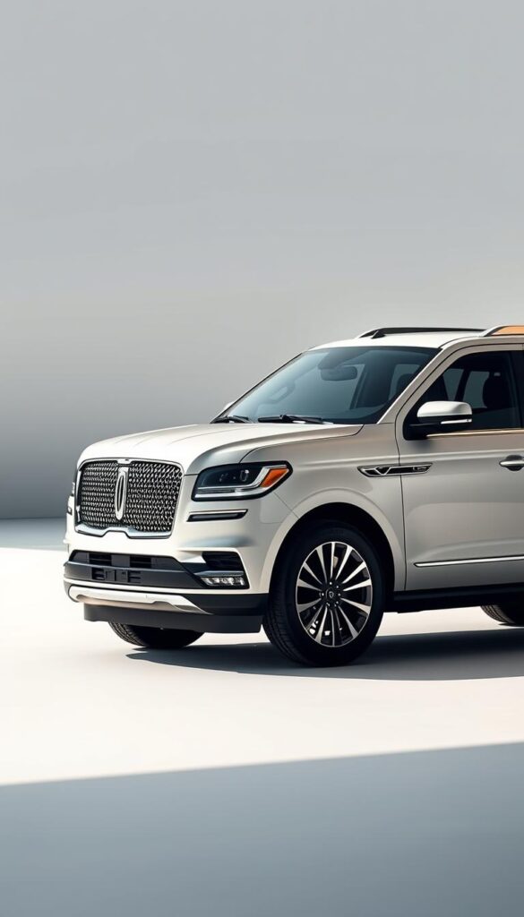 A sleek and imposing Lincoln Navigator, its elegant exterior bathed in soft, natural light. The front grille and chrome trim gleam, hinting at the power and refinement within. The vehicle sits in a serene, minimalist setting, allowing the focus to remain on its efficient yet luxurious design. The background is blurred, but suggests a tranquil, eco-friendly landscape, alluding to the Navigator's environmentally conscious credentials. The camera angle is slightly elevated, giving a sense of authority and command. The overall mood is one of understated sophistication, with the Navigator's fuel efficiency and environmental impact seamlessly integrated into its prestigious yet responsible presence.