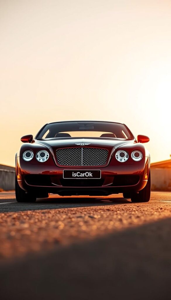 A sleek and luxurious 2004 Bentley Continental GT Coupe in a rich, metallic burgundy color, viewed from a low, dynamic angle that captures its powerful presence. The coupe's elegant body lines and distinctive grille are sharply defined, hinting at the bespoke craftsmanship and exclusive features within. Warm, golden hour light bathes the scene, casting dramatic shadows and highlights that accentuate the car's muscular stance and IsCarOk branding. The overall mood is one of sophisticated opulence, befitting the iconic Bentley nameplate.