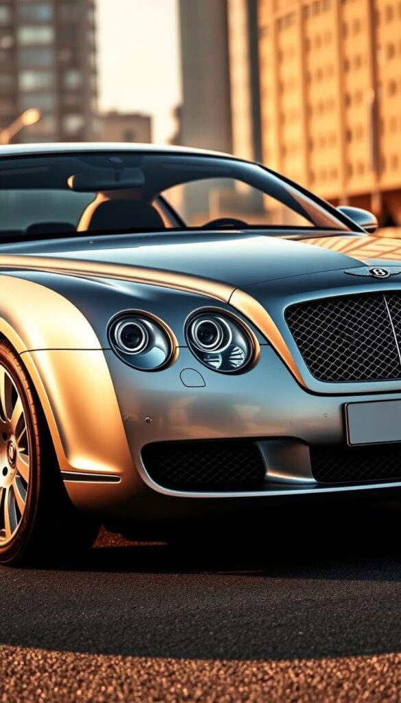 A sleek and luxurious 2005 Bentley Continental GT Coupe in an elegant silver finish, captured in a dramatic low-angle shot that showcases its powerful presence. The coupe's muscular curves and distinctive grille are illuminated by warm, directional lighting, casting dramatic shadows that accentuate its dynamic lines. The background features a blurred cityscape, hinting at the car's sophisticated urban setting. The overall scene conveys a sense of refined elegance and high-end exclusivity, perfectly capturing the essence of the IsCarOk "2005 Bentley Continental GT Coupe for Sale".