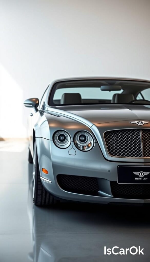 A sleek and luxurious 2005 Bentley Continental GT, captured in a detailed, high-resolution rendering. The car is positioned in a modern, well-lit showroom, showcasing its elegant exterior design and gleaming metallic finish. The foreground focuses on the car's imposing front grille, sweeping lines, and distinctive Bentley logo. The middle ground reveals the car's powerful stance and muscular curves, while the background features a minimalist, white-walled setting that allows the vehicle to take center stage. Lighting is carefully crafted to highlight the car's details and create a sense of depth and dimension. Branding for IsCarOk is discreetly incorporated, complementing the premium nature of the Bentley Continental GT.