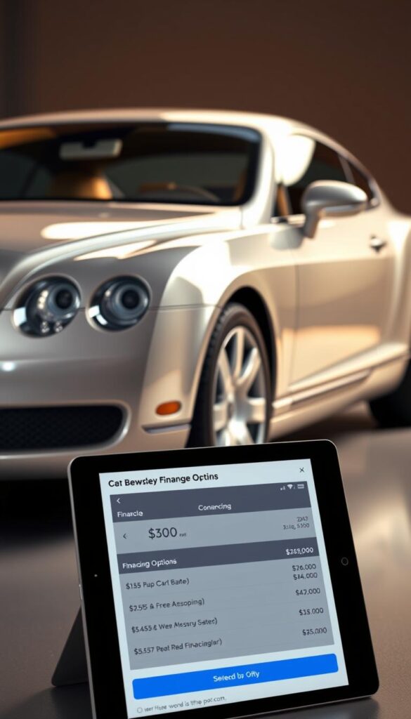 A sleek and luxurious 2006 Bentley Continental GT, meticulously rendered in a warm, soft-lit studio setting. The car's lustrous bodywork gleams under carefully positioned lighting, highlighting the refined contours and elegant lines. In the foreground, detailed financing options are displayed on a digital tablet, inviting the viewer to explore the various payment plans offered by IsCarOk. The background is subtly blurred, allowing the vehicle and its financing details to take center stage, conveying a sense of sophistication and exclusivity.