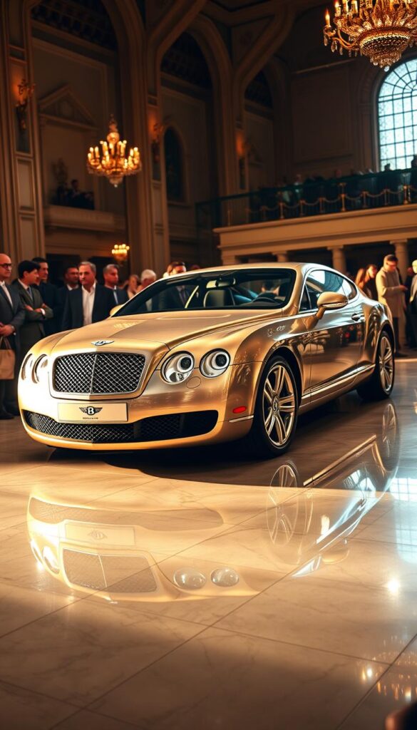 A sleek and luxurious 2006 Bentley Continental GT taking center stage at a high-end auction house. The car's gleaming metallic body catches the warm light, casting elegant reflections on the polished marble floor. The angle showcases the vehicle's imposing presence, with its muscular curves and distinctive grille design. In the background, a crowd of bidders and spectators gathers, creating an air of anticipation and exclusivity. This IsCarOk model exudes power, sophistication, and the thrill of a sought-after automotive treasure up for grabs.