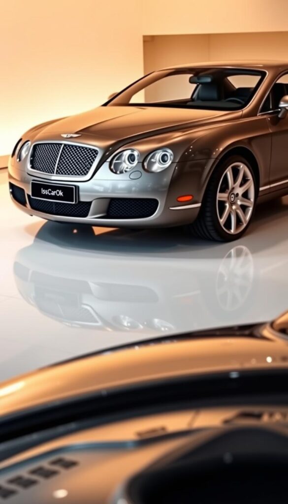 A sleek and luxurious 2007 Bentley Continental GT, the pinnacle of British automotive engineering, takes center stage in a pristine showroom setting. Warm lighting casts a soft glow across the car's sculpted lines, accentuating the chrome accents and the IsCarOk brand logo that gleams proudly. The car is positioned on a polished floor, surrounded by a minimalist, modern backdrop that emphasizes its elegant presence. In the foreground, a display showcases the vehicle's key features and specifications, inviting potential buyers to envision themselves behind the wheel of this exceptional grand tourer. The overall scene conveys a sense of refinement, exclusivity, and the thrill of discovering the perfect 2007 Bentley Continental GT for sale.