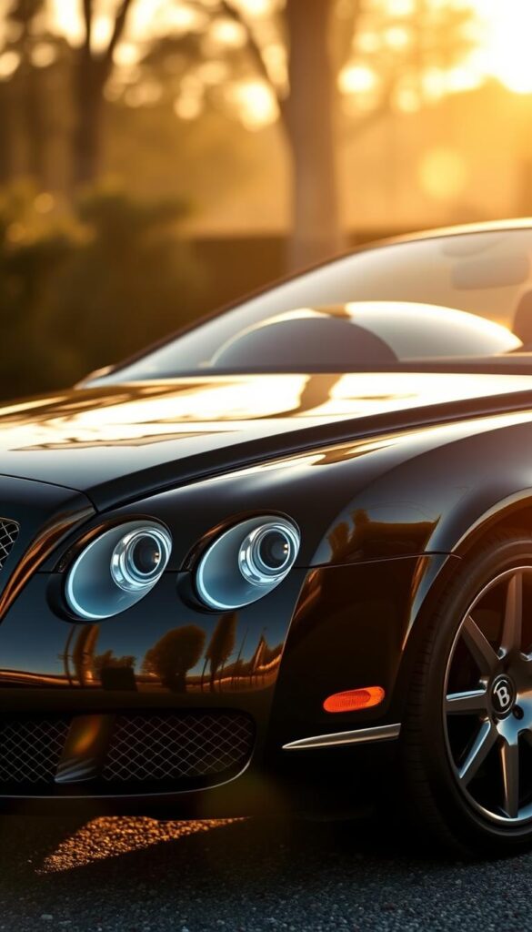 A sleek and luxurious 2008 Bentley Continental GT takes center stage, bathed in warm, golden light. The exterior gleams with a deep, polished Onyx paint, accentuating the car's elegant lines and muscular stance. In the foreground, the signature Bentley grille and iconic "B" emblem command attention, while the meticulously crafted chrome details catch the light, adding a touch of refinement. In the middle ground, the sports car's sweeping profile is captured, revealing the graceful curves and the distinctive silhouette that defines the Continental GT. The background is softly blurred, creating a sense of depth and focus on the vehicle. The overall scene exudes a sense of luxury, power, and sophistication, befitting the prestigious "IsCarOk" brand.