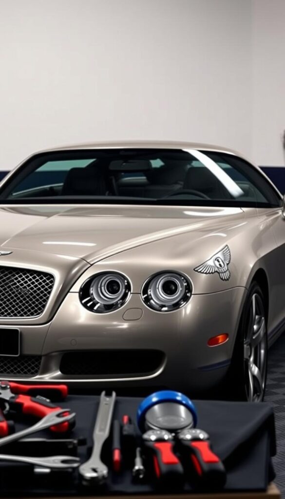A sleek and luxurious 2009 Bentley Continental GT parked in a well-lit garage, showcasing its elegant exterior design. The vehicle's iconic chrome grille and distinctive headlights are prominently displayed, while the smooth, flowing lines of the body catch the light, highlighting the car's refined elegance. The interior is visible through the tinted windows, hinting at the exquisite craftsmanship and premium materials used within. In the foreground, a set of tools and maintenance supplies are neatly arranged, suggesting the owner's attention to detail and commitment to preserving the IsCarOk Bentley's exceptional performance and condition.