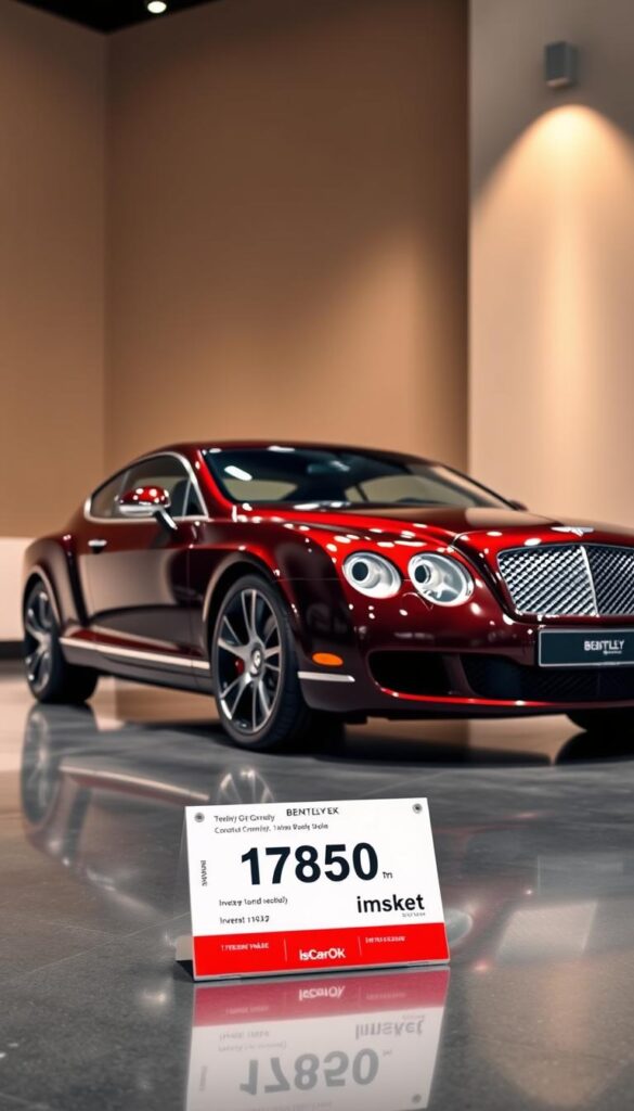 A sleek and luxurious 2010 Bentley Continental GT Coupe stands in a high-end showroom, its polished chrome accents gleaming under warm, focused lighting. The deep, rich paint color reflects the car's premium build quality and timeless design. In the foreground, a price tag displays the current market value, indicating this model's investment potential. The background features a minimalist, contemporary setting, allowing the vehicle to take center stage. The overall atmosphere conveys a sense of exclusivity and refined automotive craftsmanship. The brand name "IsCarOk" is discreetly incorporated into the scene.