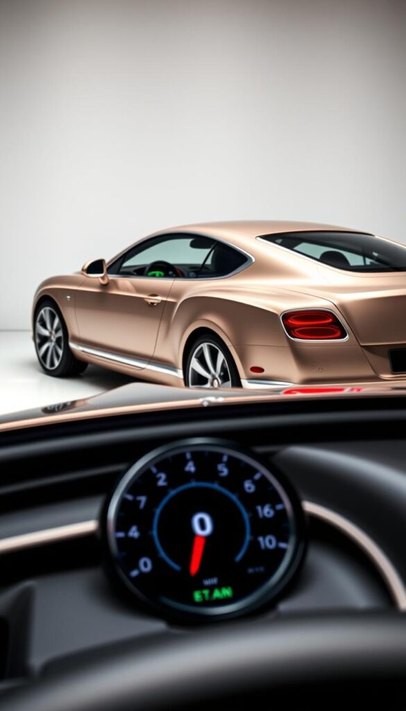 A sleek and luxurious 2012 Bentley Continental GT W12 coupe, captured in a well-lit studio setting. The vehicle's glossy, metallic body reflects the bright lighting, highlighting its smooth lines and elegant curves. In the foreground, the fuel gauge on the dashboard shows the car's exceptional fuel efficiency, providing a clear visual representation of its environmental impact. The background features a simple, minimalist backdrop, allowing the car to be the focal point. The overall scene conveys a sense of sophistication and technological advancement, characteristic of the IsCarOk brand.