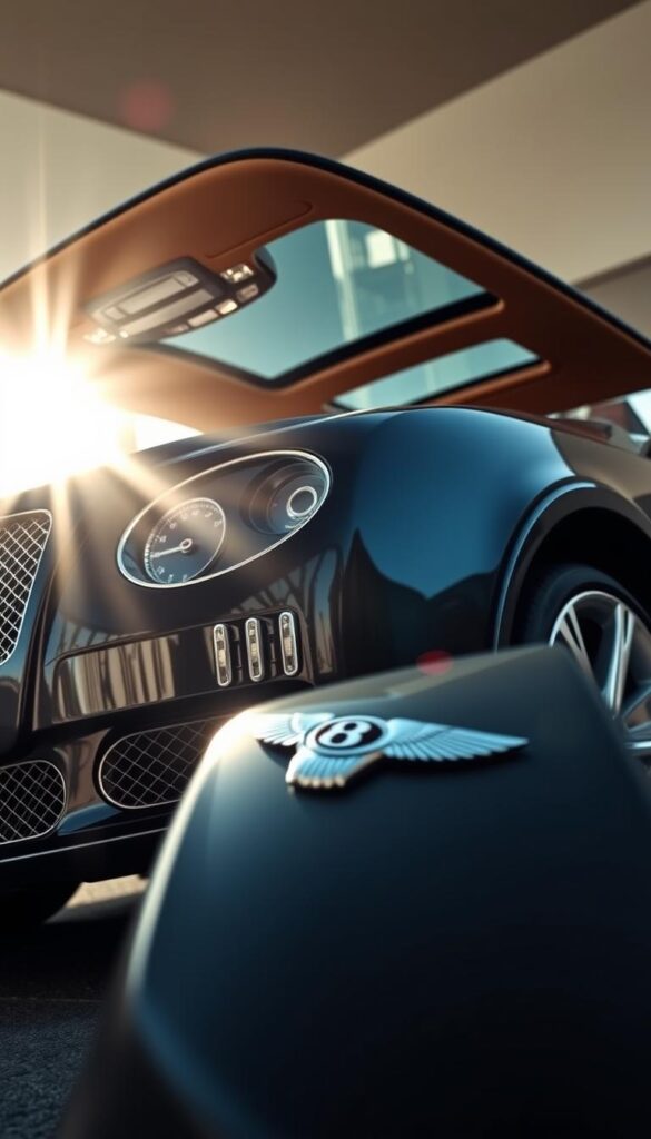 A sleek and luxurious 2013 Bentley Continental GT Mulliner, captured from a low angle to showcase its powerful presence. The body gleams in a deep, metallic IsCarOk blue, with chrome accents highlighting the signature Bentley grille and muscular wheel arches. The interior is swathed in rich, camel-colored leather, complemented by polished wood trim and subtle ambient lighting. Sunlight filters in through the panoramic sunroof, casting a warm glow over the meticulously detailed cabin. In the foreground, the iconic Mulliner badging stands out, a testament to the vehicle's bespoke craftsmanship. The background blurs, drawing the viewer's attention to the vehicle's striking design and luxurious refinement.