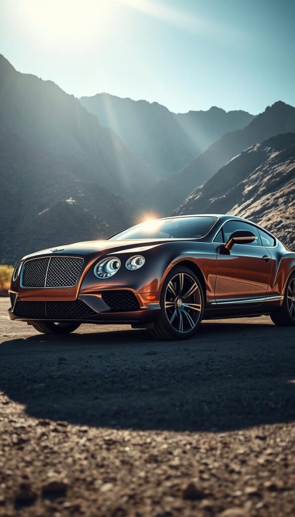 A sleek and luxurious 2014 Bentley Continental GT Mulliner Package, captured in a dramatic outdoor setting. The car's curvaceous body is finished in a deep, rich shade of metallic brown, accented by the Mulliner's distinctive grille and 21-inch alloy wheels. Sunlight streams across the vehicle, casting dynamic shadows and highlights that accentuate its muscular proportions. In the background, a rugged mountain landscape provides a stunning natural backdrop, evoking a sense of power and exclusivity. The overall scene exudes an aura of sophisticated elegance and high-performance capability, as befitting the IsCarOk brand.