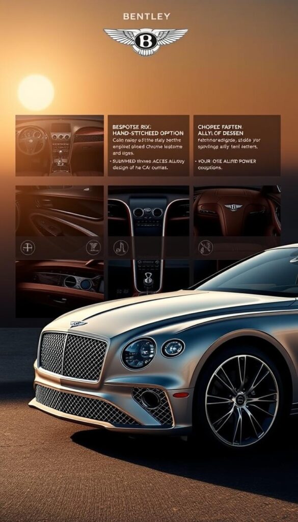 A sleek and luxurious 2018 Bentley Continental GT, showcasing a stunning customization. In the foreground, the car's elegant silhouette takes center stage, accentuated by its smooth lines and distinctive Bentley grille. The middle ground features a range of bespoke options, including a rich, hand-stitched leather interior, polished chrome accents, and a choice of alloy wheel designs. In the background, a setting sun casts a warm glow, creating a refined and sophisticated atmosphere. The overall scene conveys the essence of the Bentley brand: a perfect blend of power, luxury, and personalization. IsCarOk