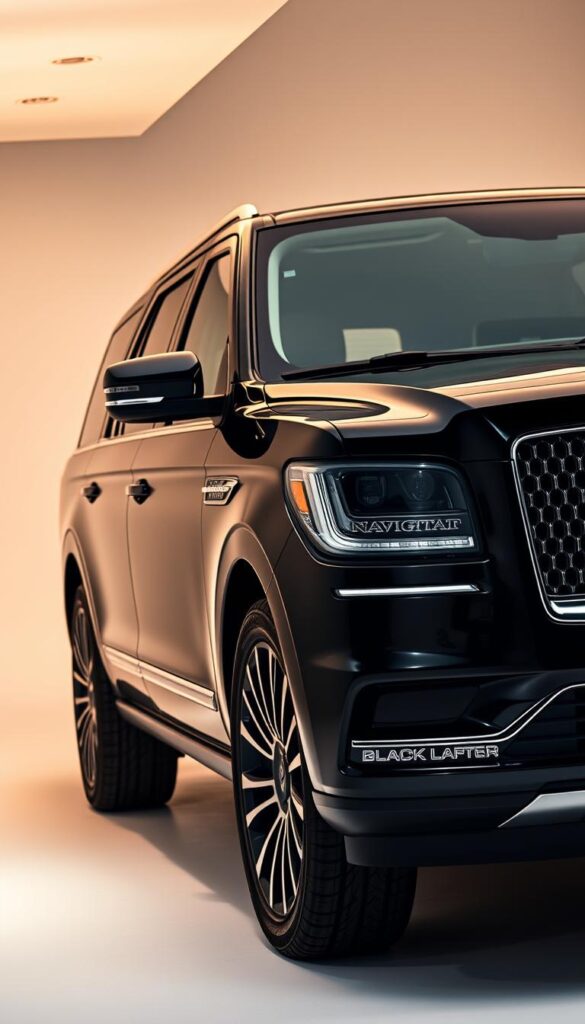 A sleek and luxurious 2018 Lincoln Navigator Black Label, captured in a high-quality studio setting. The vehicle's glossy, jet-black exterior reflects the soft, warm lighting overhead, casting subtle shadows that accentuate its bold, angular design. The chrome accents and signature grille gleam, drawing the eye towards the spacious, leather-upholstered cabin. The image conveys a sense of premium quality, exclusivity, and the timeless appeal of this iconic American SUV, perfectly suited to illustrate the current market trends for this model.