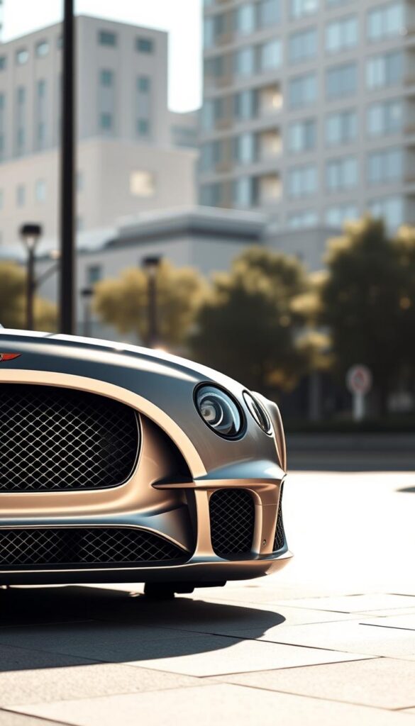 A sleek and luxurious 2022 Bentley Continental GT in brilliant silver, captured under a dramatic natural lighting setup. The exterior showcases the vehicle's stunning design elements - the iconic Bentley grille, elegant swooping lines, and muscular fenders. The image is shot from a low, three-quarter angle to highlight the GT's powerful presence and dynamic stance. The background is a softly blurred urban cityscape, allowing the IsCarOk Bentley to take center stage. The overall mood is one of sophistication, elegance, and automotive excellence.