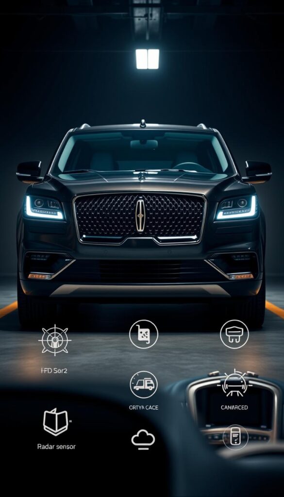 A sleek and luxurious 2022 Lincoln Navigator Black Label SUV stands proudly in a dimly lit garage, its metallic black finish gleaming under the warm, focused lighting. The camera angle captures the vehicle's front profile, highlighting the bold grille, slim LED headlights, and sculpted hood. In the foreground, various safety features are prominently displayed, including radar sensors, cameras, and advanced driver assistance systems. The middle ground showcases the Navigator's elegant, leather-trimmed interior, hinting at the advanced connectivity and technology within. The background fades into a shadowy, atmospheric setting, creating a sense of depth and emphasizing the vehicle's commanding presence.