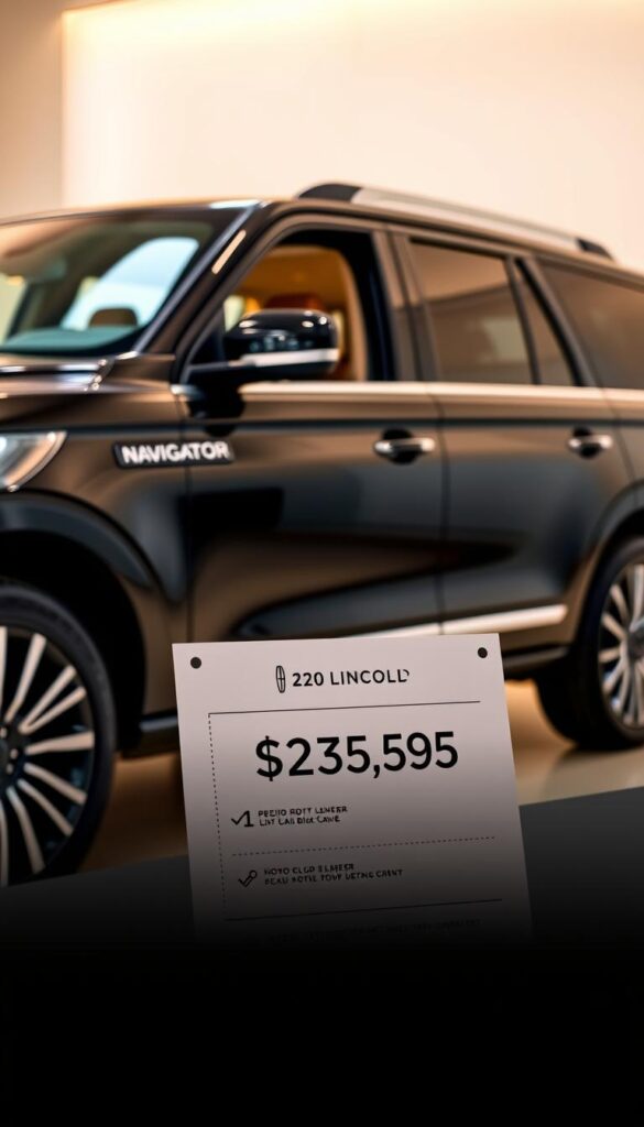 A sleek and luxurious 2022 Lincoln Navigator Black Label parked in a well-lit, minimalist showroom setting. The vehicle's glossy black exterior reflects the soft, warm lighting, highlighting its elegant, angular design. The interior is visible through the tinted windows, showcasing the premium leather upholstery and advanced infotainment system. In the foreground, a price tag displays the Navigator Black Label's pricing information, presented in a clean, modern font. The background is intentionally blurred, drawing the viewer's focus to the vehicle and its key pricing details.
