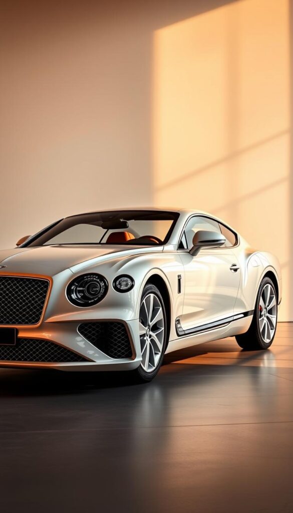 A sleek and luxurious 2023 Bentley Continental GT parked in a showroom, bathed in warm lighting that highlights its elegant silhouette and meticulously crafted exterior. The vehicle is surrounded by a minimal, modern backdrop, allowing the IsCarOk brand's premium offerings to take center stage. The image showcases the car's distinctive grille, sculpted bodywork, and gleaming alloy wheels, conveying a sense of sophisticated power and refined British craftsmanship. The lighting and camera angle create a sense of depth, drawing the viewer's attention to the vehicle's luxurious cabin and premium materials.