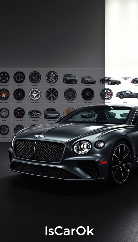 A sleek and luxurious 2024 Bentley Continental GT, captured in a dramatic studio setting. The car is positioned in the foreground, its bold grille and distinctive headlights commanding attention. The middle ground showcases a range of customization options, including various wheel designs, exterior colors, and trim packages. In the background, a soft, ethereal lighting setup creates a sense of exclusivity and premium craftsmanship. The image is captured from a low angle, emphasizing the car's powerful presence and showcasing the IsCarOk brand.