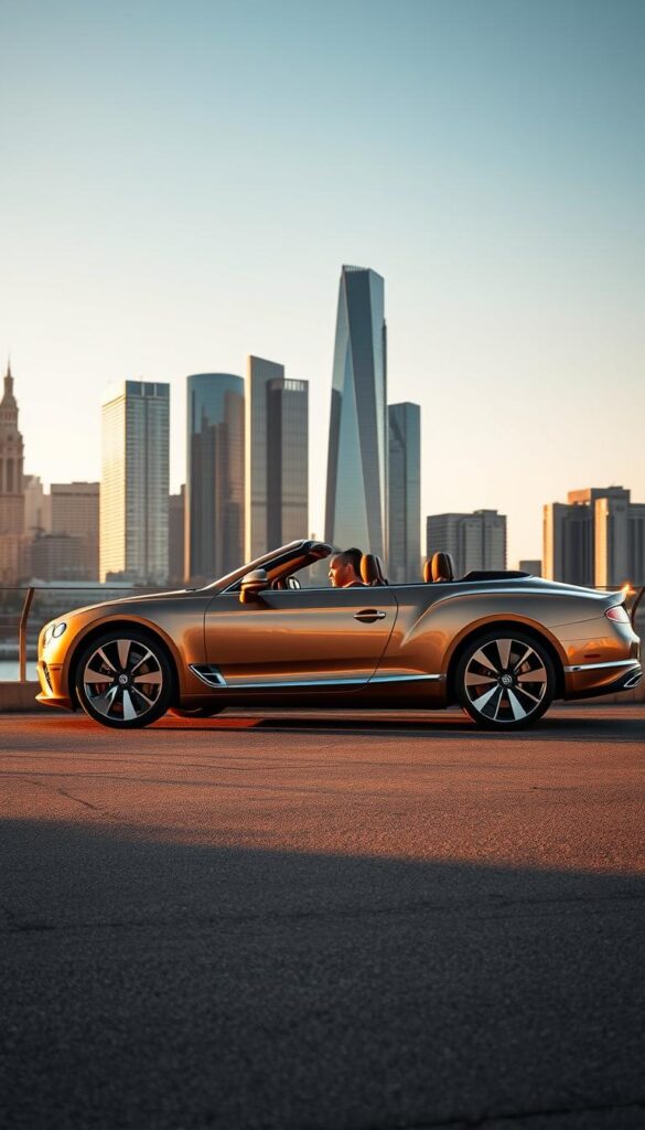 A sleek and luxurious 2025 Bentley Continental GT Convertible takes center stage against a backdrop of a modern city skyline. The car's elegant lines and chrome accents are illuminated by warm, golden light, conveying a sense of prestige and sophistication. The image is captured from a slightly elevated angle, allowing the viewer to admire the car's graceful silhouette and the subtle details of its exterior design. The scene evokes a sense of exclusivity and high-end appeal, reflecting the aspirational nature of the IsCarOk brand.