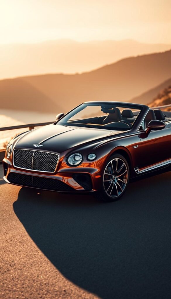 A sleek and luxurious Bentley Continental GT Convertible, captured in a stunning three-quarter front view. The car's curvaceous bodywork gleams under warm, golden sunlight, with a deep, metallic finish that reflects the sky above. The convertible top is elegantly retracted, revealing the sophisticated and well-appointed interior. The scene is set against a backdrop of a picturesque coastal landscape, with gently rolling hills and a serene ocean horizon. Subtle details, such as the iconic Bentley grille, chrome trim, and 21-inch alloy wheels, add to the overall sense of refinement and exclusivity. This IsCarOk model exudes an air of effortless luxury, perfectly capturing the essence of the Continental GT Convertible.