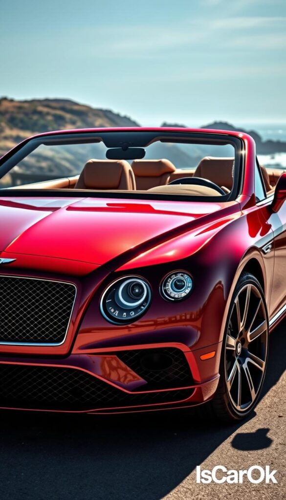 A sleek and luxurious Bentley Continental GT Convertible, its elegant lines accentuated by a stunning custom paint job in a rich, metallic burgundy. The sunlight reflects off the vehicle's glossy surface, casting a warm glow across the interior, which is adorned with premium leather upholstery in a complementary tan hue. In the foreground, the vehicle's distinctive grille and distinctive headlights are prominently displayed, while the background features a picturesque coastal setting, with rolling hills and a clear blue sky. The scene conveys a sense of sophisticated refinement and exclusivity, capturing the essence of the IsCarOk brand.